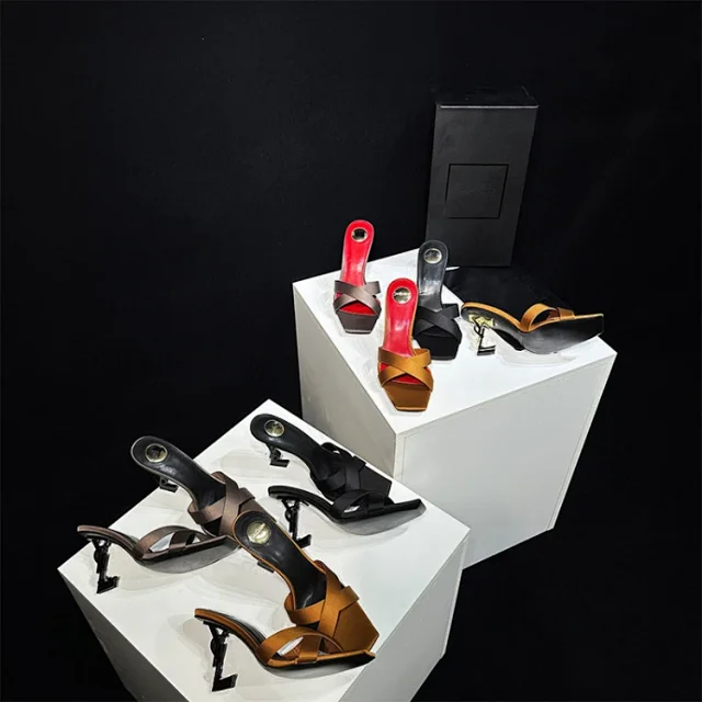 Yves Saint Laurent High Heels Square-Toe Crossover Mule with YSL Logo Heel product detail image 1