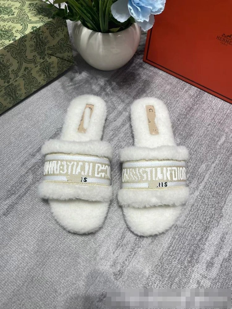 Dior Slippers Faux-Fur Logo Strap Slides — Golden White