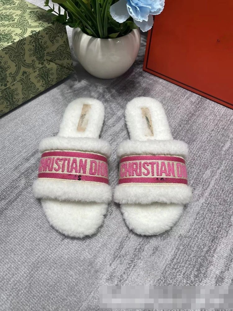 Dior Slippers Faux-Fur Logo Strap Slides — Pink and white