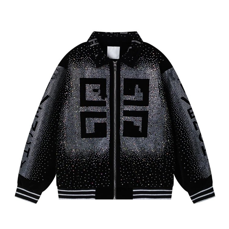 Balenciaga Jackets Rhinestone Velvet Zip Jacket — SKU-04-3 Black (Ji Family Hot-Studded)