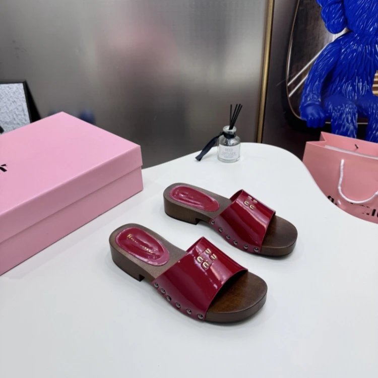 Miu Sandals Wooden Sole Studded Slide — SKU-08-Burgundy