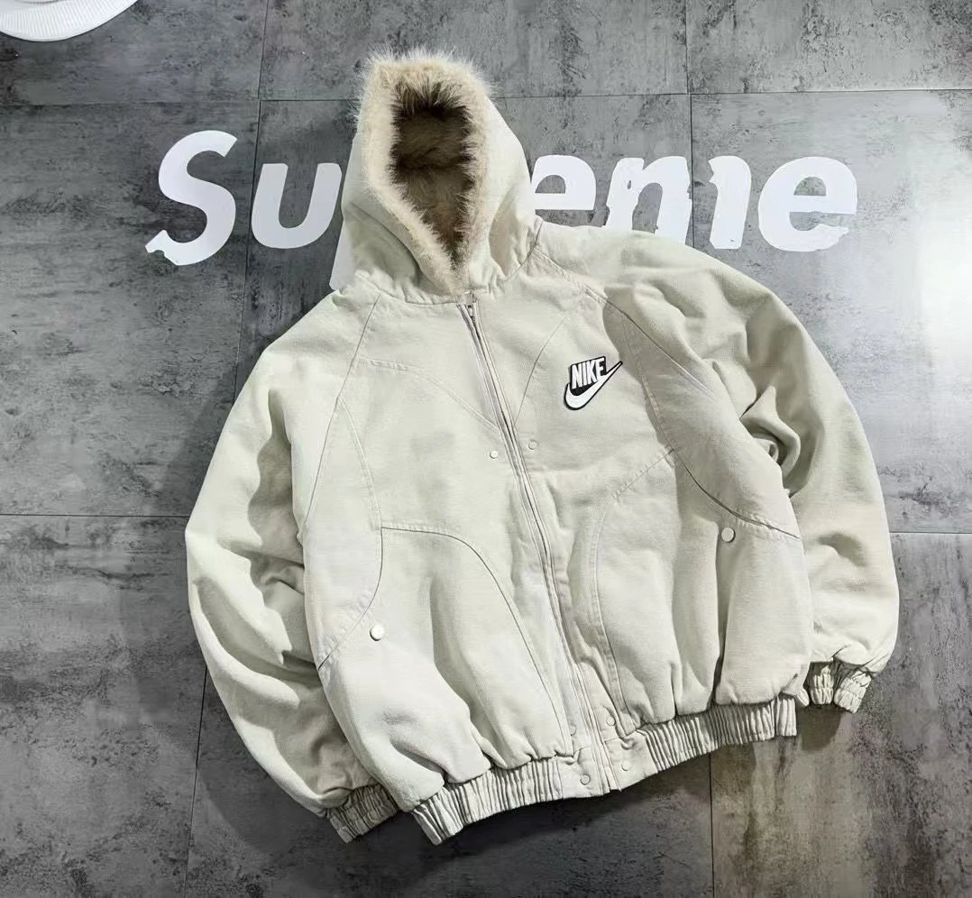 Nike Jackets Fur-Trim Hooded Padded Jacket — white