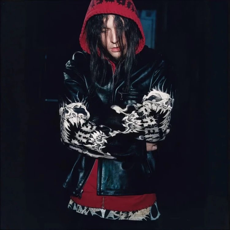 Unknown Brand Skull-Print Leather Jacket with Red Hood - 004748