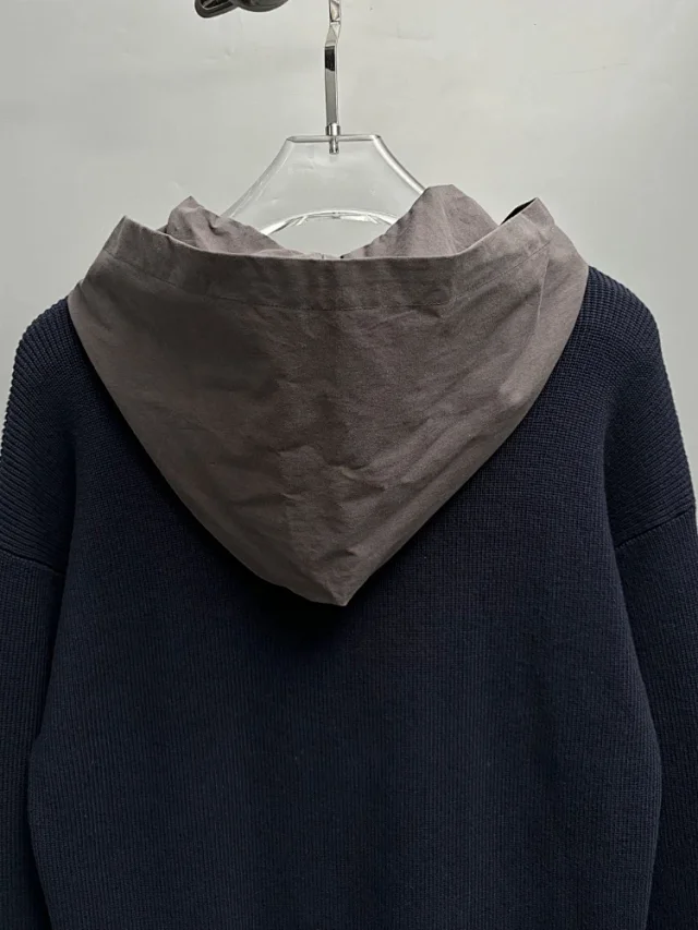 Unbranded Knitwear V-Neck Faux-Layered Hooded Knit Sweater product detail image 7