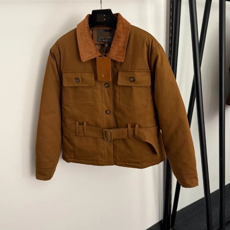 NYPY Jackets Belted jacket with corduroy collar and flap pockets — Dark brown