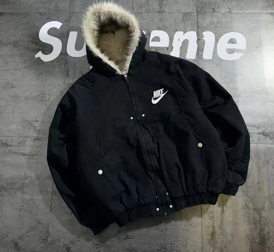 Nike Jackets Fur-Trim Hooded Padded Jacket — Black