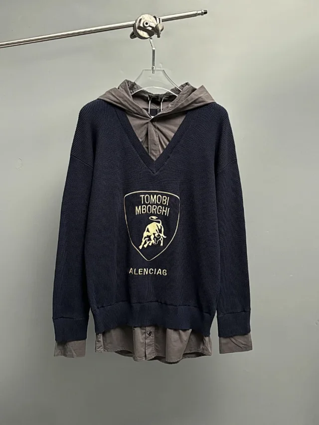 Unbranded Knitwear V-Neck Faux-Layered Hooded Knit Sweater product detail image 1