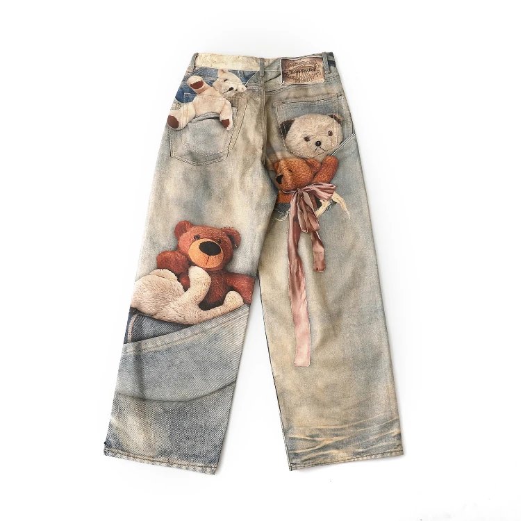 Denim Patchwork Bear Embroidery Greenish Blue Baggy Jeans