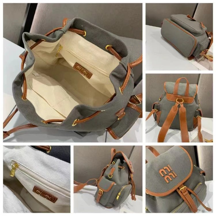 Miu Miu Backpack Navy Blue Canvas with Brown Leather Trim - 11