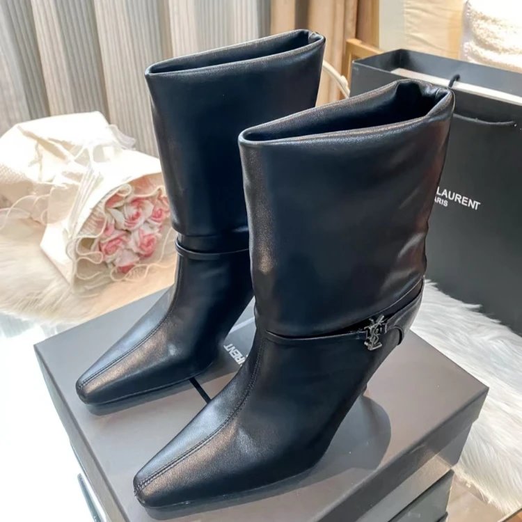 Saint Laurent Boots Mid-Calf Pointed-Toe with YSL Logo Buckle — Black