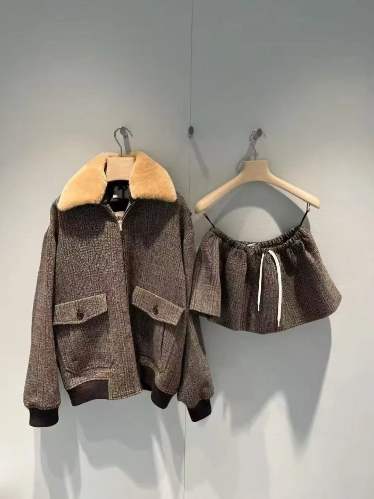 Tweed Shearling-Collar Bomber Jacket & Matching Drawstring Shorts - 004900