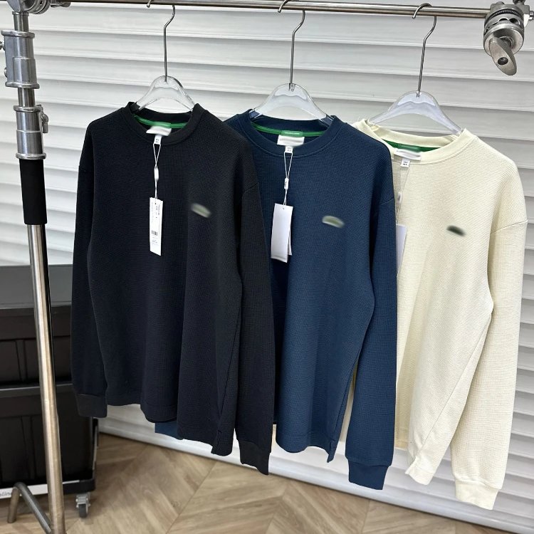 Mini Embossed Logo Waffle Knit Long Sleeve Crew Neck T-Shirt-5906