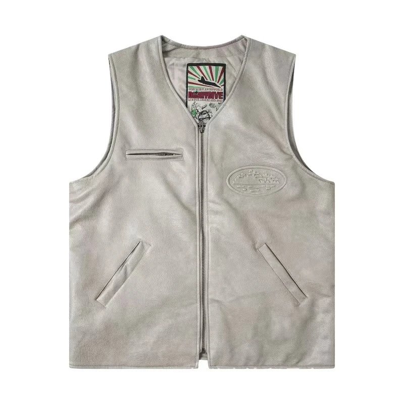 Human Made Jackets Leather varsity jacket with striped rib-knit trim — C237 model in gray