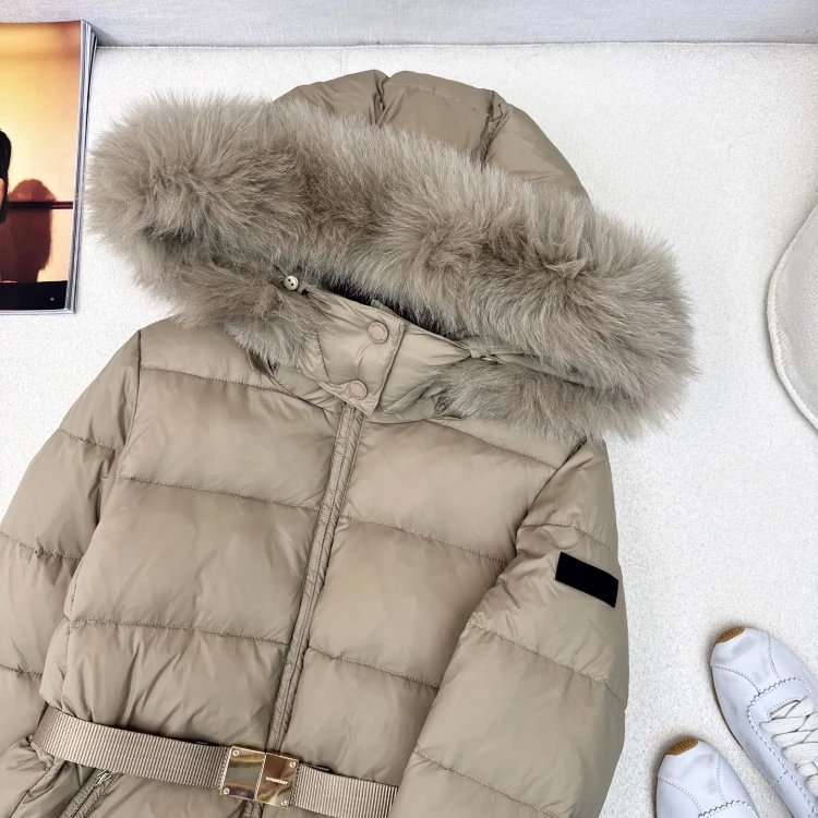 Unbranded Down Jackets Belted long puffer with fur-trim hood image 2