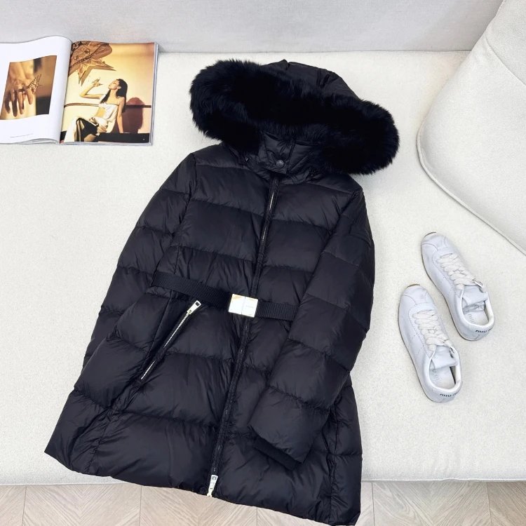 Unbranded Down Jackets Belted long puffer with fur-trim hood — Black