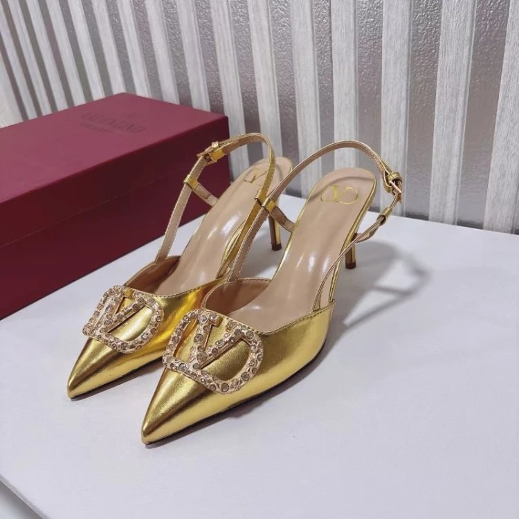 Valentino Garavani High Heels Pointed-Toe Slingback with Rhinestone V Buckle — Golden