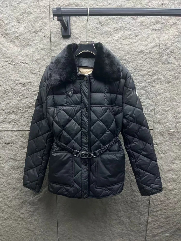 Unbranded Down Jackets Quilted belted jacket with faux-fur collar and patch pockets — Black