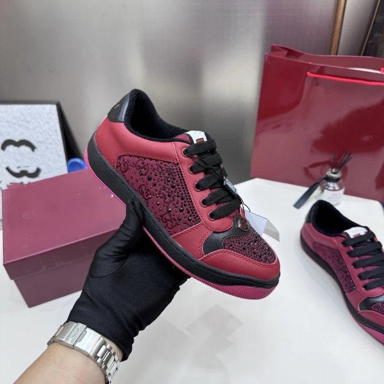 Unbranded Sneakers Rhinestone Low-Top Lace-Up — Wine-red hot-studded
