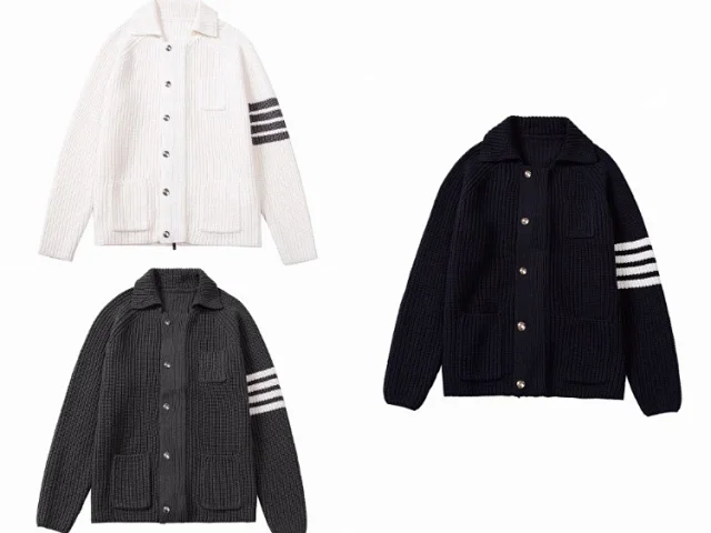 Unbranded Knitwear Ribbed knit collared button-front cardigan with sleeve stripes and patch pockets product detail image 1