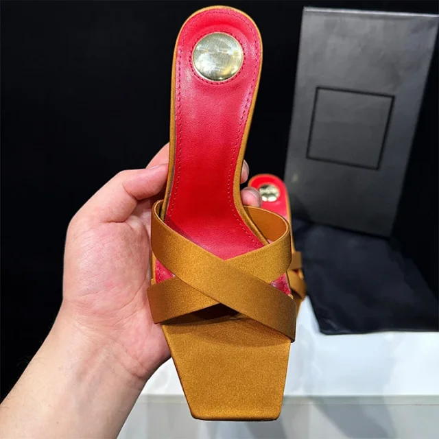 Yves Saint Laurent High Heels Square-Toe Crossover Mule with YSL Logo Heel product detail image 4