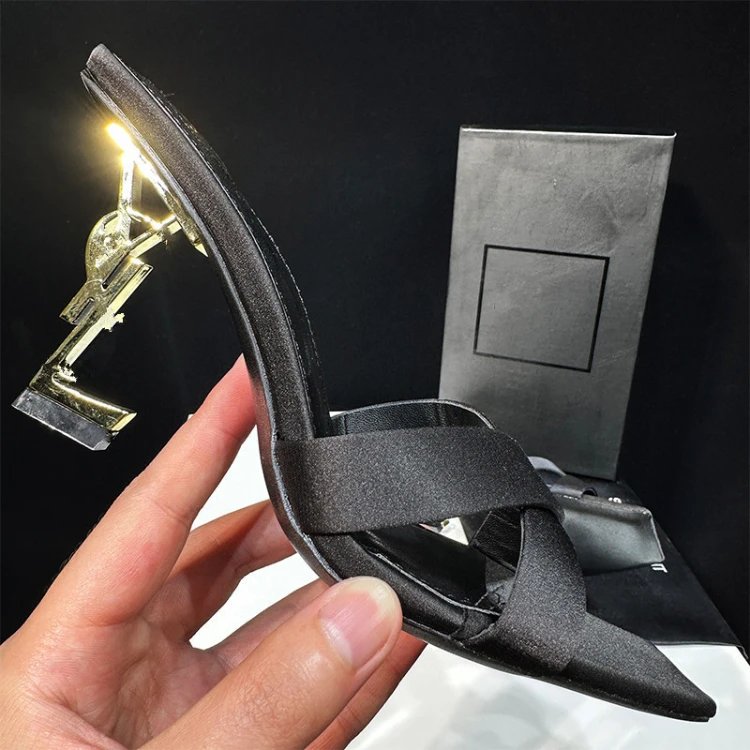 Yves Saint Laurent High Heels Square-Toe Crossover Mule with YSL Logo Heel — SKU-01-Black