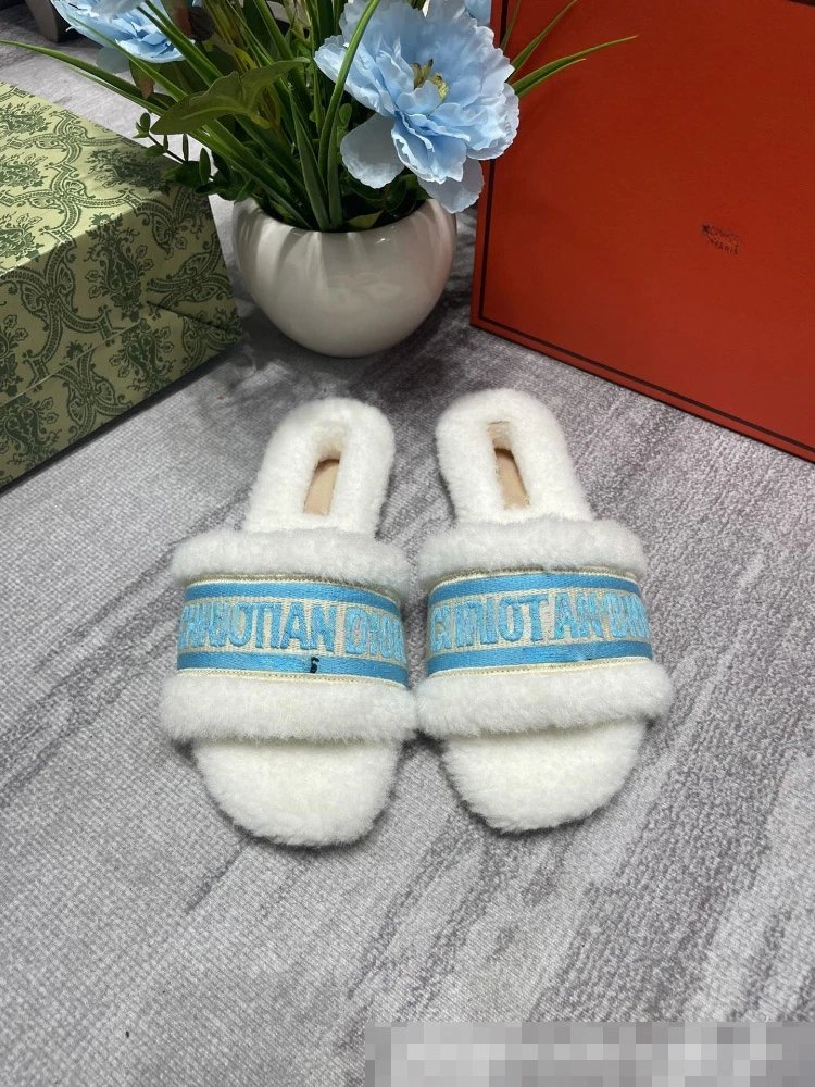 Dior Slippers Faux-Fur Logo Strap Slides — Blue and white