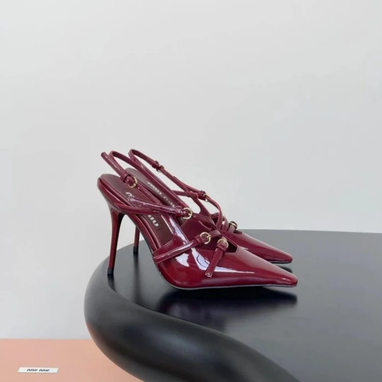 Miu High Heels Pointed-Toe Strappy Slingback Pumps — SKU-07-Wine Red 9cm