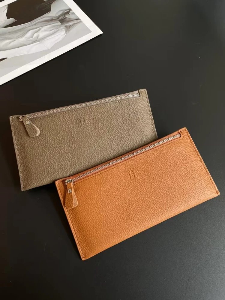 Design Long Zipper Wallet Beige and Tan Leather