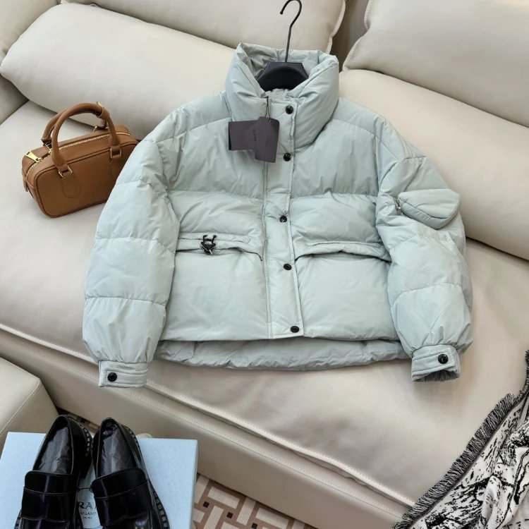 Unbranded Down Jackets AH609 Short Puffer Jacket with Stand Collar and Sleeve Pocket — Light blue
