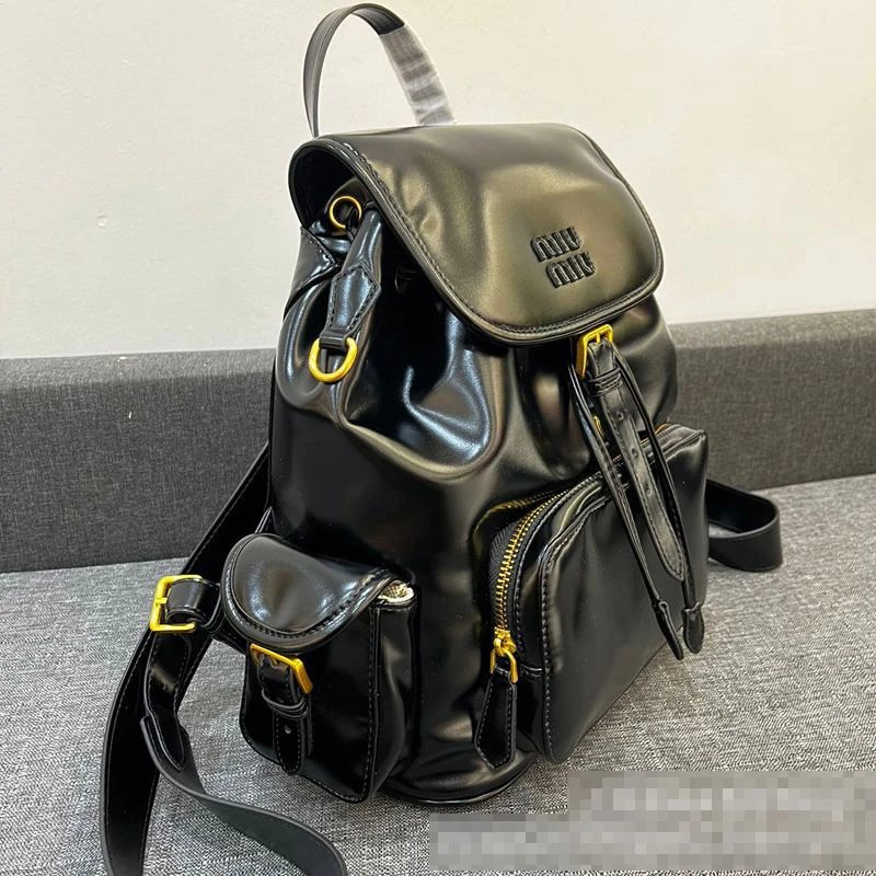 Miu Miu Backpack Navy Blue Canvas with Brown Leather Trim - 7