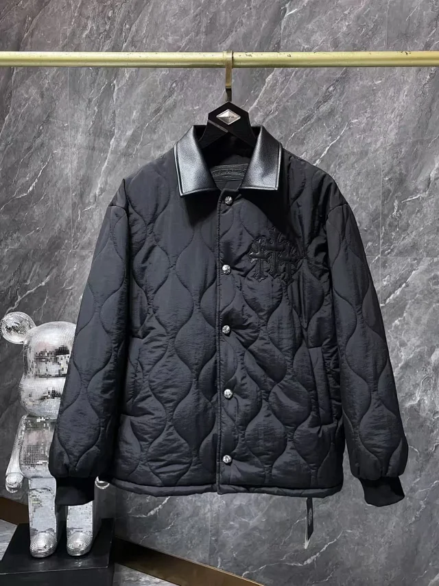Chrome Hearts Jackets Quilted jacket with leather-look collar and embroidered cross motifs product detail image 1