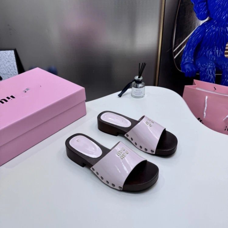 Miu Sandals Wooden Sole Studded Slide — SKU-09-Light Pink