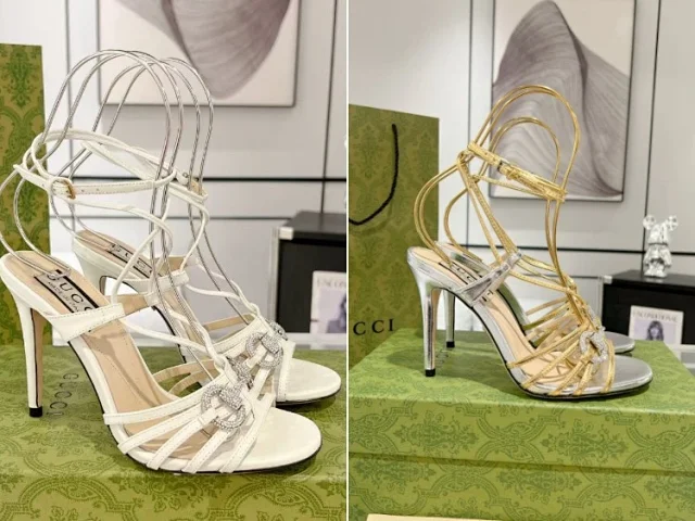 Gucci High Heels Strappy ankle-wrap stiletto sandals with crystal G detail product detail image 1