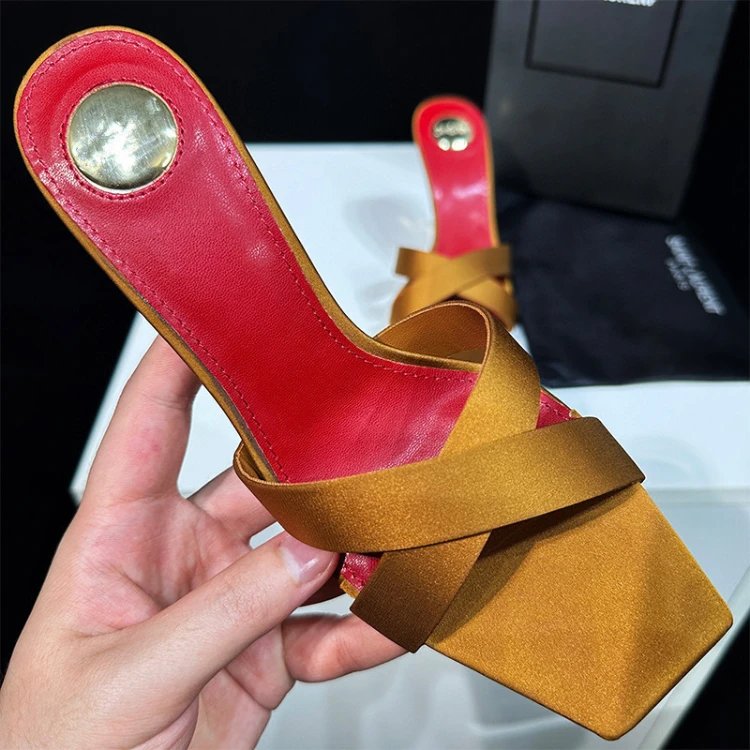Yves Saint Laurent High Heels Square-Toe Crossover Mule with YSL Logo Heel — SKU-02-Gold-Red Foot Rest