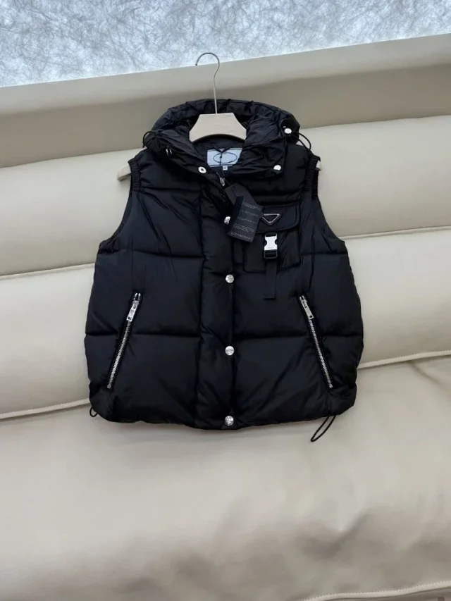 Unbranded Vests Hooded quilted puffer vest with flap chest pocket and buckle strap product detail image 2