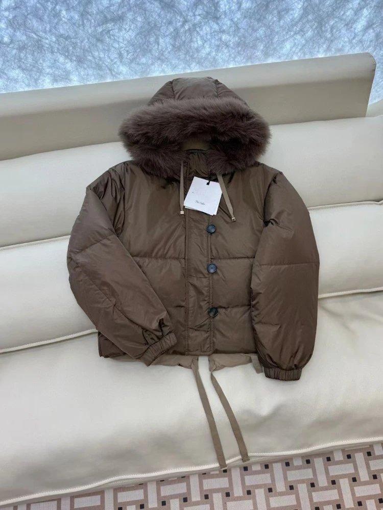 Unbranded Down Jackets Reversible fur-trim hooded puffer jacket with drawstring hem — Coffee color
