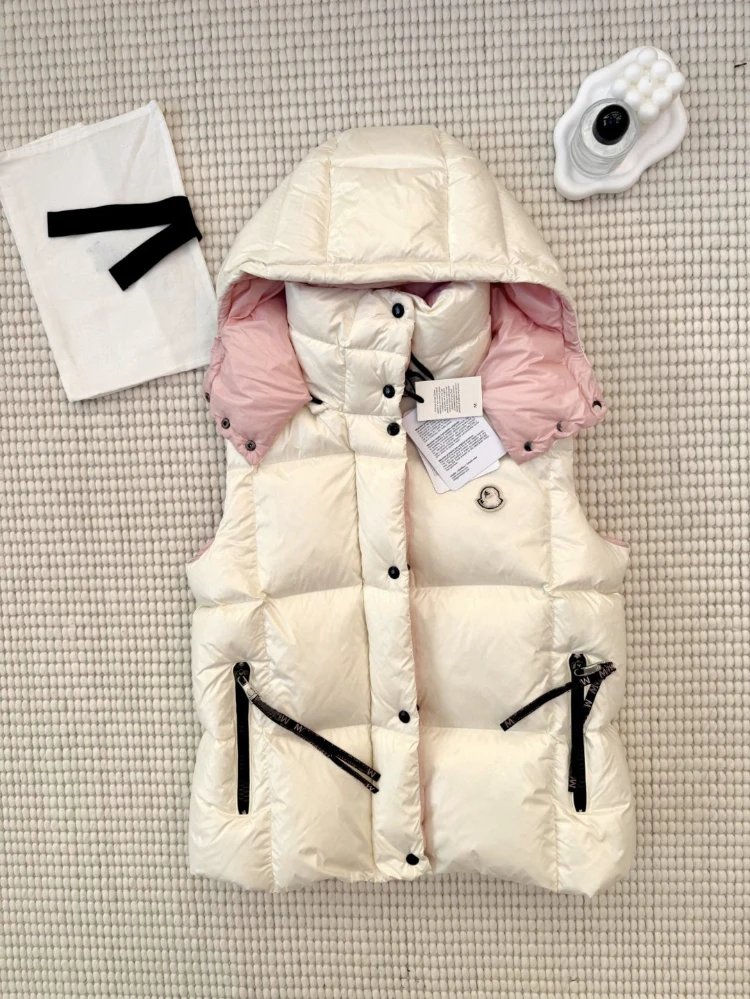 Moncler Vests Hooded quilted puffer vest with contrast shoulder panels — white