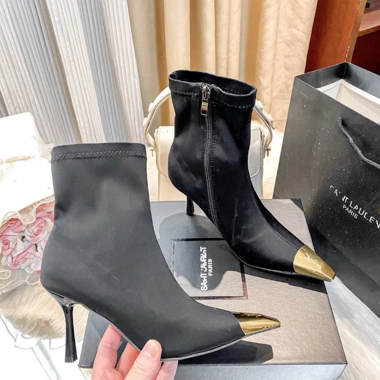 Saint Laurent Boots Side-Zip Ankle with Gold-Tone Toe Caps and Stiletto Heels image 5