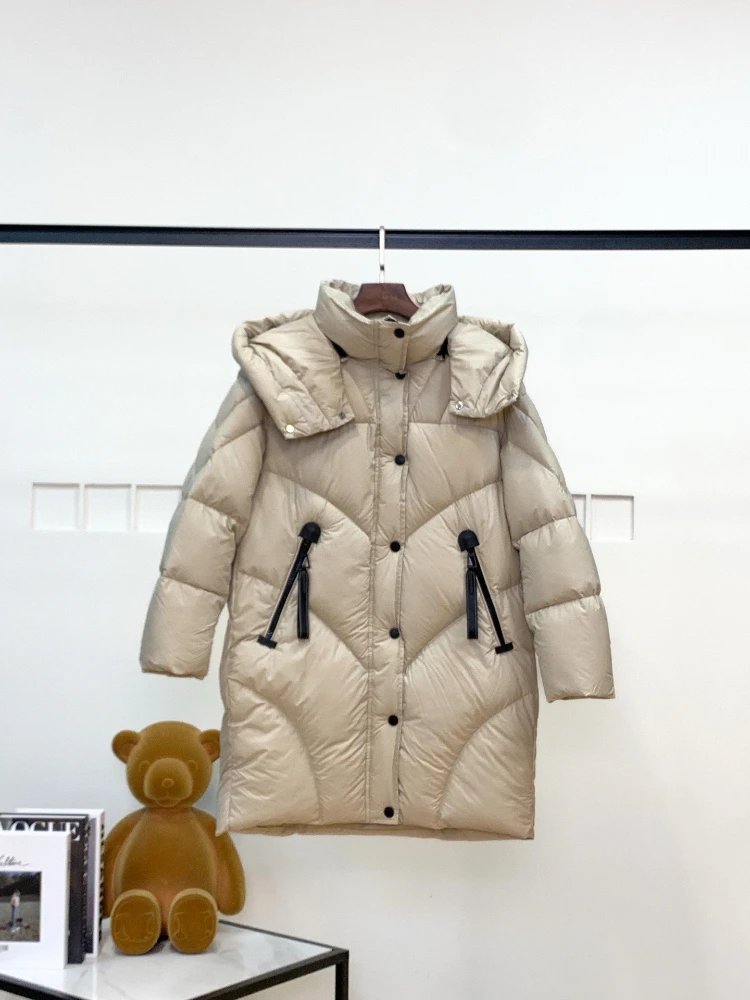 Unbranded Down Jackets Mid-Length Hooded Puffer with Chevron Quilting and Zip Pockets — Off-white