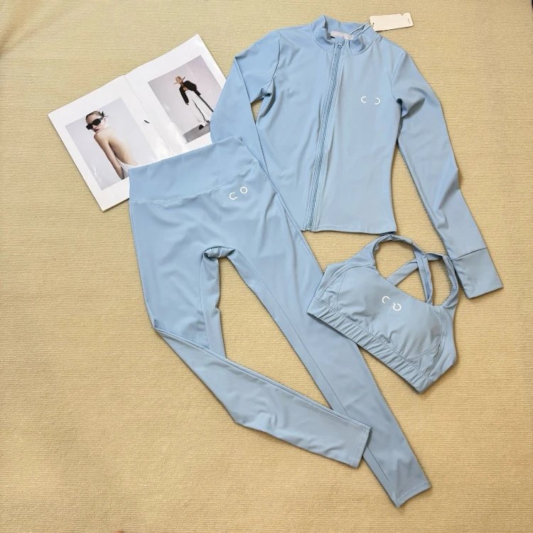 Unbranded Matching Sets Three-Piece Zip-Up Activewear Set with Sports Bra and Leggings — Light blue