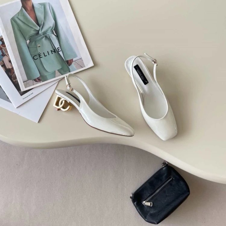 Dolce & Gabbana High Heels Square-Toe Patent Slingback Logo-Heel Pumps — white