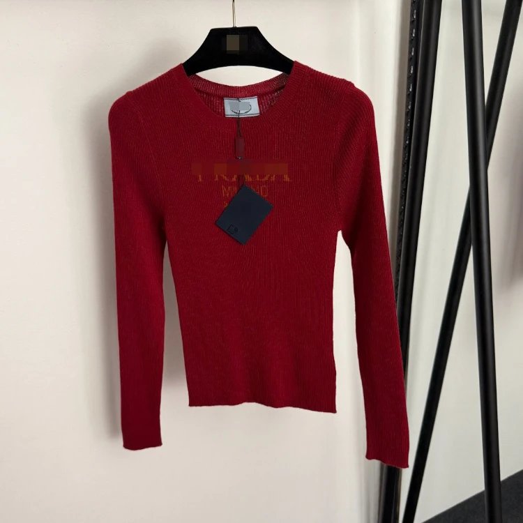 Prada Knitwear Ribbed crew-neck long-sleeve logo knit top — Red