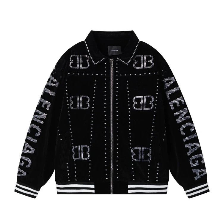 Balenciaga Jackets Rhinestone Velvet Zip Jacket — SKU-01-Black (Paris Hot-Studded)