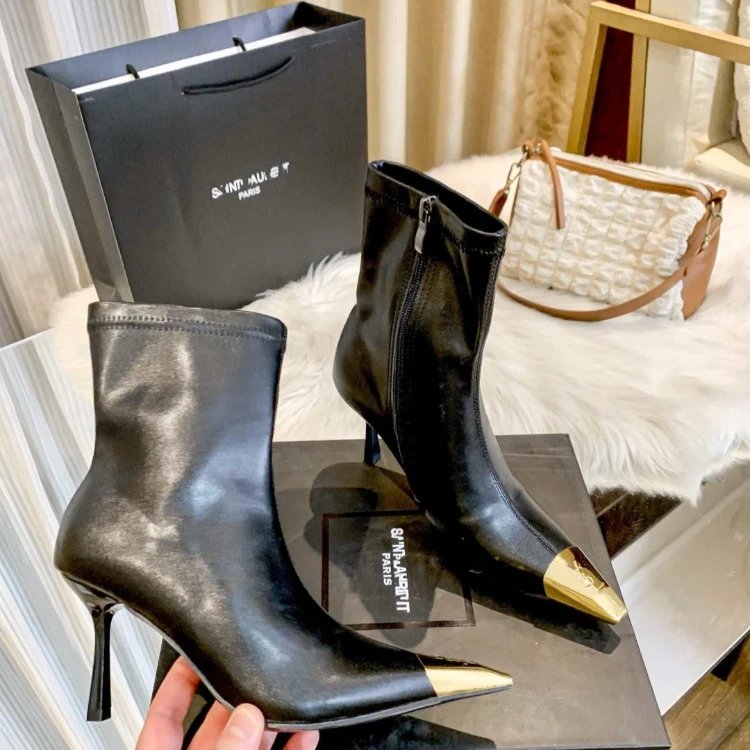 Saint Laurent Boots Side-Zip Ankle with Gold-Tone Toe Caps and Stiletto Heels image 3