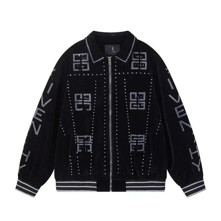 Balenciaga Jackets Rhinestone Velvet Zip Jacket — SKU-05-4 Black (Ji Family Hot-Studded)