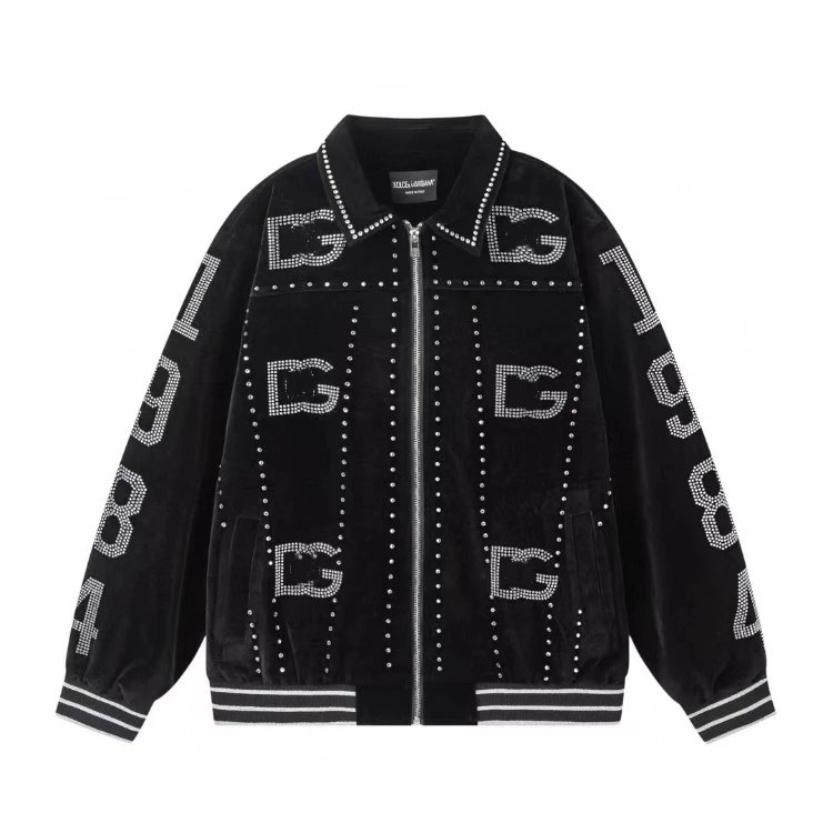 Balenciaga Jackets Rhinestone Velvet Zip Jacket — SKU-03-2 Black (DG Rhinestone Appliqué)