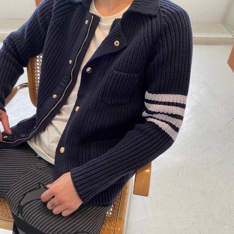 Unbranded Knitwear Ribbed knit collared button-front cardigan with sleeve stripes and patch pockets — Navy blue