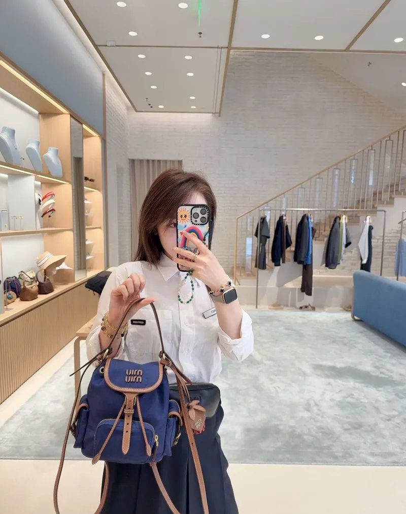 Miu Miu Backpack Navy Blue Canvas with Brown Leather Trim - 4