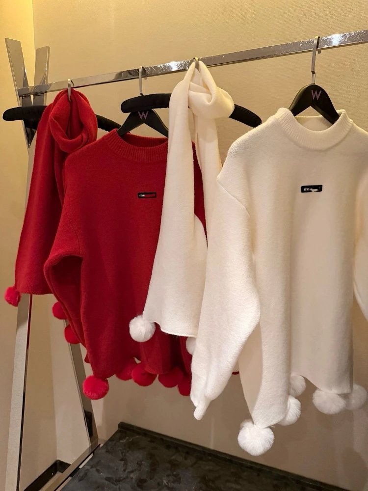 Miu Miu Pom-pom Knit Sweater & Matching Scarf Set
