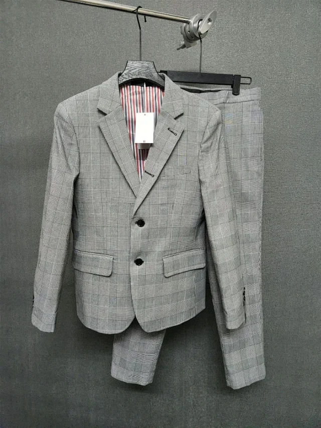 Thom Browne Suits Grey checked two-button suit with striped lining product detail image 1
